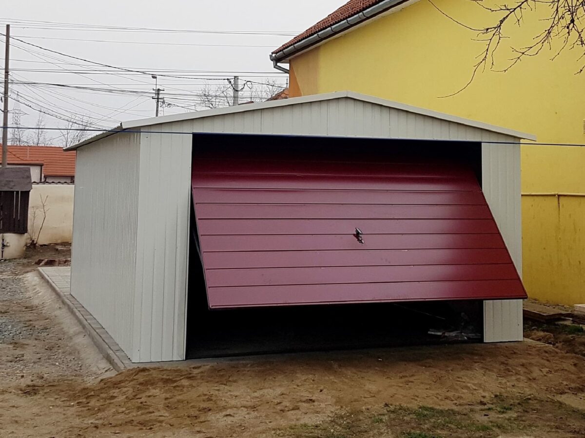 Plechová garáž 4x6 m - bílá/třešeň tmavá matná