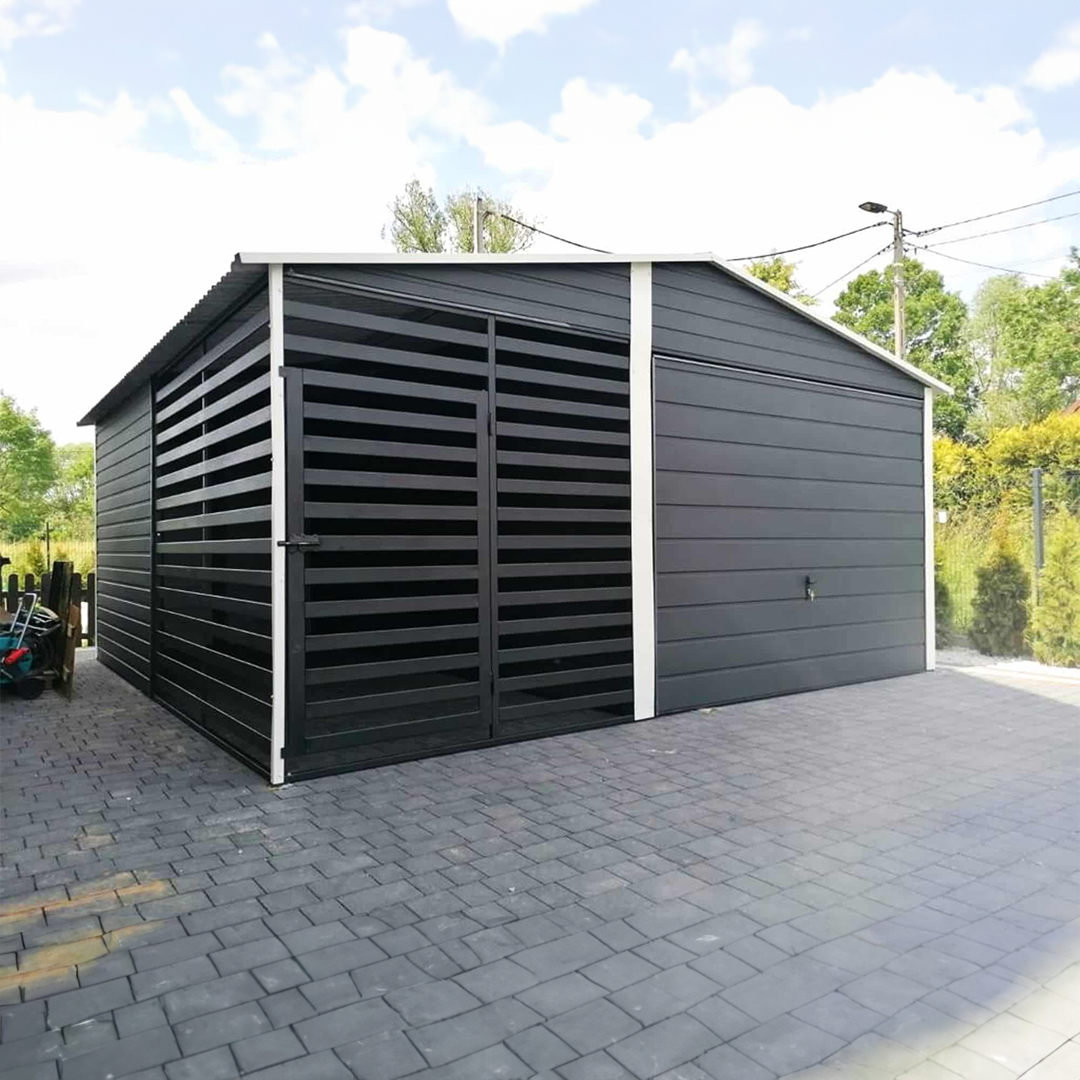 15 - Plechová garáž 3x5 + kotec pro psa 2x5m – grafit tmavý matný