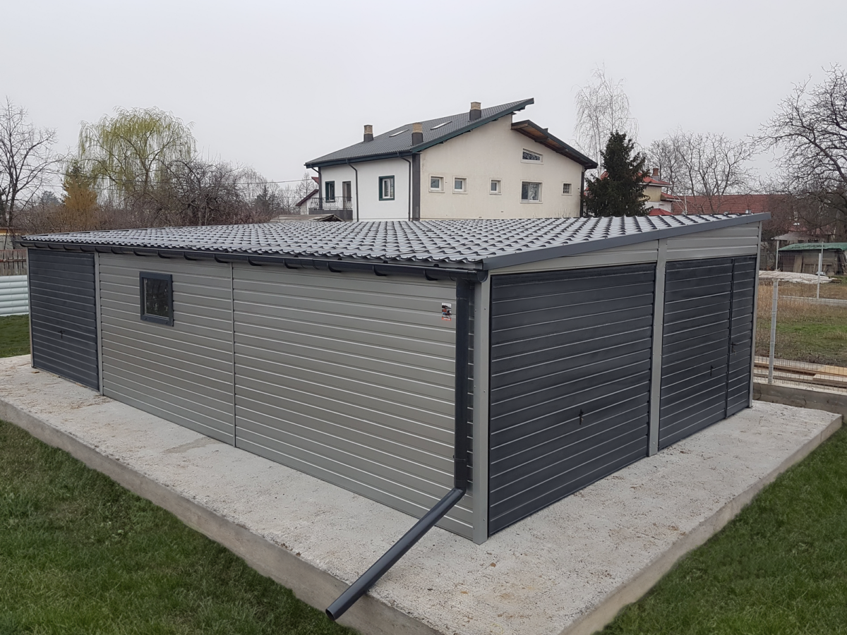 1 1 - Plechová garáž 6x10m – stříbrný/ grafit tmavý