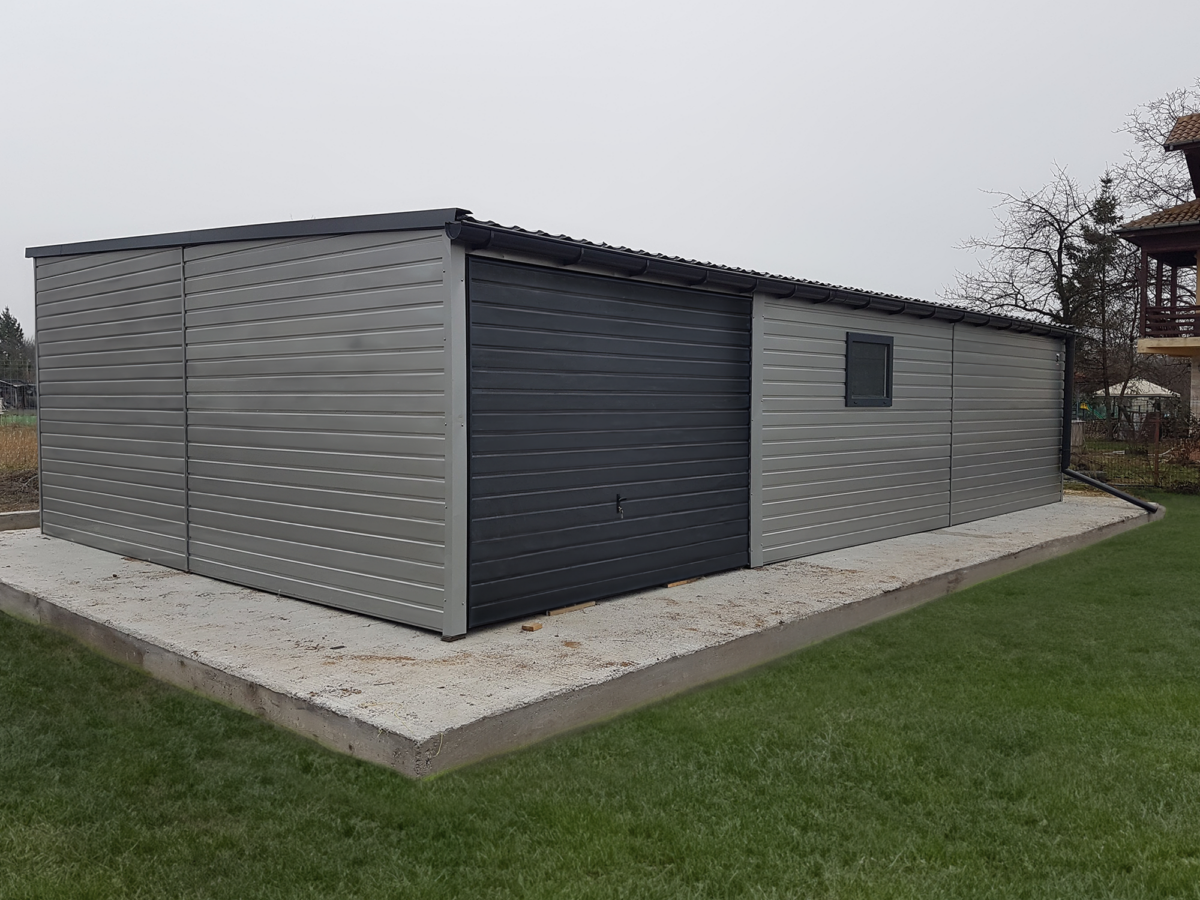 2 2 - Plechová garáž 6x10m – stříbrný/ grafit tmavý