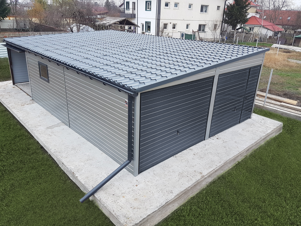 4 1 - Plechová garáž 6x10m – stříbrný/ grafit tmavý